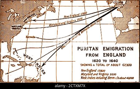 1933 carte montrant où les puritains émigrés se sont installés après avoir émigré de Angleterre entre 1620 et 1640 (la grande migration) Banque D'Images