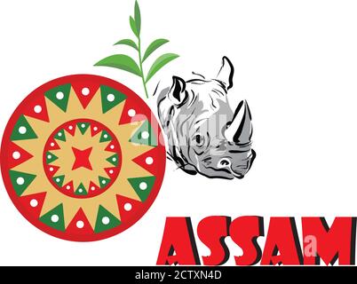 japi ou jaapi , rhinocéros et thé d'assam . logo d'assam. Illustration de Vecteur