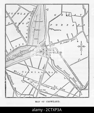 Carte de Crowland, Angleterre gravure victorienne, Circa 1840 Banque D'Images