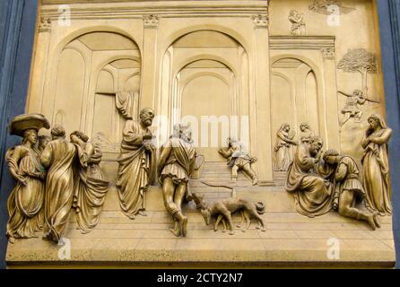 Le panneau 'Isaac avec Esau et Jacob' du Baptistère Portes Basilica di Santa Maria del Fiore par Lorenzo Ghiberti Banque D'Images