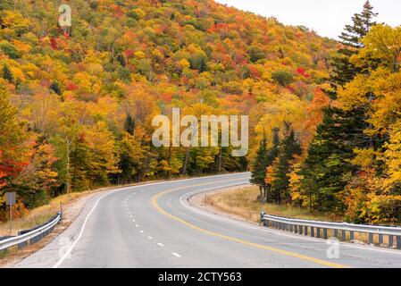 Courbe le long d'une route de montagne pittoresque traversant une caduque forêt au sommet des couleurs d'automne sur un ciel nuageux matin Banque D'Images