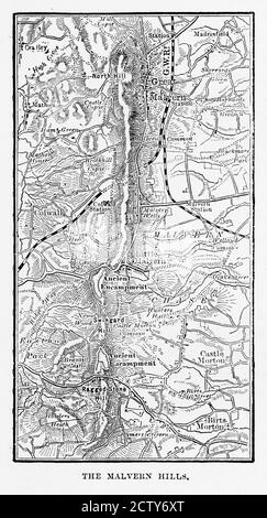 Carte des collines de Malvern dans le Worcestershire, Angleterre gravure victorienne, 1840 Banque D'Images