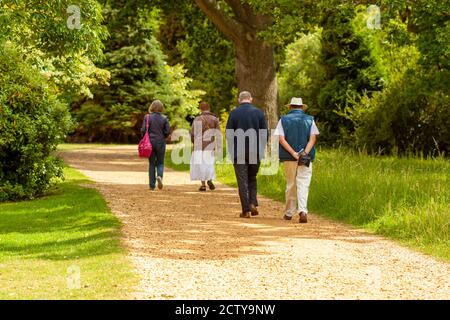 Deux hommes âgés bien habillés et deux femmes âgées font une promenade tranquille dans un parc. Ils marchent en deux groupes sur une route de terre qui traverse Banque D'Images