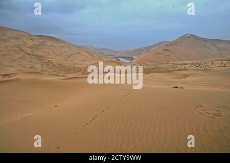 Lac non identifié parmi les mégadunes dans le désert de Badain Jaran-Mongolie intérieure-Chine-1054 Banque D'Images