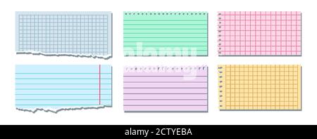 Jeu de notes de couleur déchirée. Feuilles de papier pour ordinateur portable dans une cage, en ligne, morceaux déchirés note. Pages vierges du bloc-notes. Collecte de papier déchire vide, feuilles album. Illustration vectorielle isolée Illustration de Vecteur