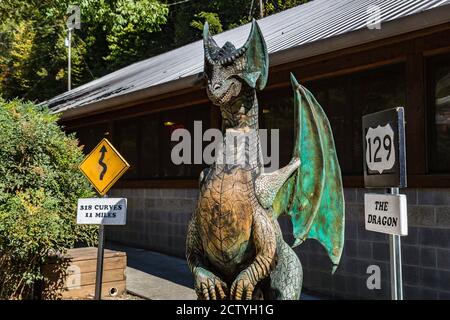 Statue de dragon sculptée au Deals Gap Motorcycle Resort le long de la queue du Dragon à Deals Gap, Caroline du Nord, États-Unis Banque D'Images