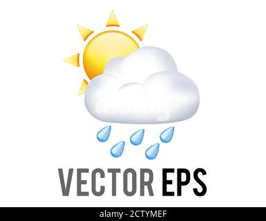 Le dégradé isolé jaune soleil demi icône recouvert de pluie nuage blanc avec gouttes de pluie bleues Illustration de Vecteur