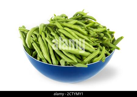 Vue en perspective de nombreux haricots verts dans un bol de cuisine. Récipient de mélange en plastique bleu avec grains verts bruts qui débordent sur le bord. Fraîchement cueillies. Banque D'Images