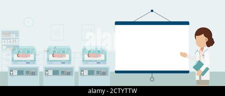 Maternité avec projecteur à écran vierge et nouveau-nés illustration vectorielle de conception plate des incubateurs Illustration de Vecteur
