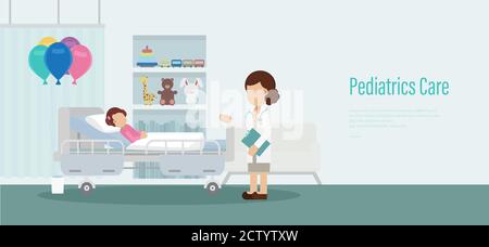 Bannière de soins pédiatriques avec vecteur de conception à plat pour le médecin et le patient illustration Illustration de Vecteur