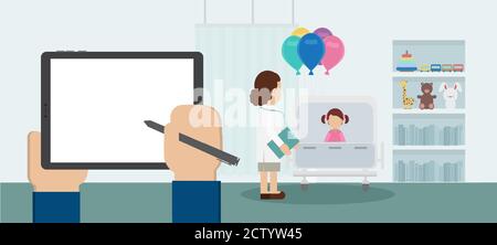Comprimé à écran vide en pédiatrie avec médecin et patient illustration vectorielle plate Illustration de Vecteur