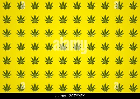 Feuilles de cannabis sur fond jaune.motif.rendu 3D. Banque D'Images