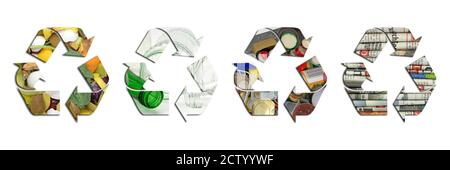Déchets ménagers, tri et recyclage, symboles en un seul collage Banque D'Images
