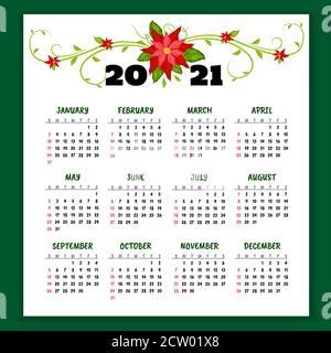 Calendrier vectoriel 2021 ans avec fleurs de poinsettia. La semaine commence le dimanche Illustration de Vecteur