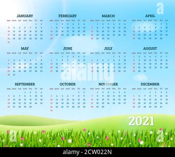 Calendrier pour 2021 avec herbe verte fraîche et fond de fleurs. Illustration vectorielle Illustration de Vecteur