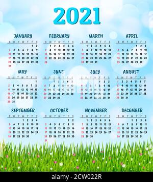 Calendrier pour 2021 avec herbe verte fraîche et fond de fleurs vecteur Illustration de Vecteur