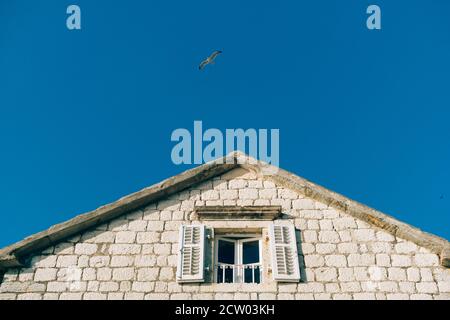 Une fenêtre avec des volets ouverts sous le toit d'une maison contre un ciel bleu vif avec un mouette en vol. Banque D'Images