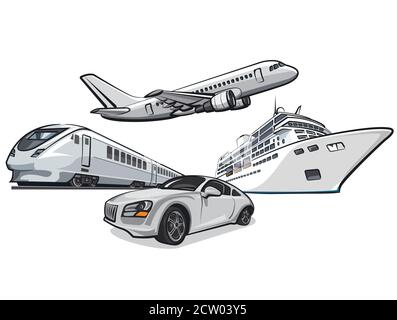 illustration du transport pour le voyage, la voiture, le train, le paquebot de croisière et l'avion Illustration de Vecteur