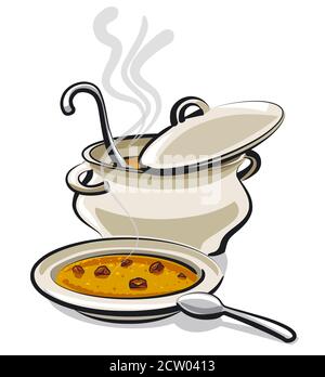 illustration de la casserole et de l'assiette avec une soupe chaude Illustration de Vecteur