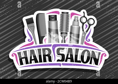 Logo Vector pour salon de coiffure, panneau d'affichage décoratif blanc avec accessoires de beauté professionnels, lettres uniques pour les mots noirs salon de coiffure, élégant signa Illustration de Vecteur