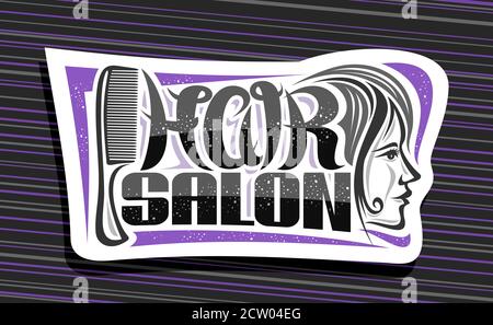 Logo vectoriel pour salon de coiffure, panneau décoratif blanc avec peigne professionnel et visage de femmes, lettres de brosse uniques pour les mots noirs salon de coiffure, elegane Illustration de Vecteur