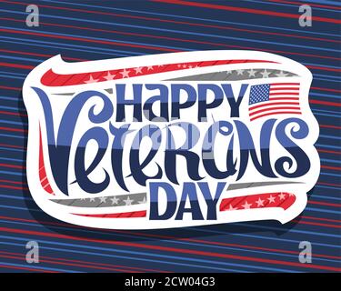 Logo Vector pour la fête des anciens combattants, badge blanc avec illustration du drapeau national des États-Unis, couleurs et étoiles décoratives, lettres uniques pour les mots Happy v Illustration de Vecteur