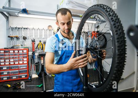 Montage de vélo en atelier, homme de la chaîne de montage Banque D'Images