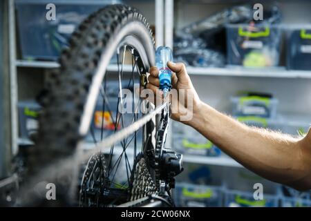 Montage de vélo en atelier, homme en lubrification de la chaîne Banque D'Images