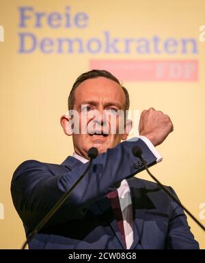 Mayence, Allemagne. 26 septembre 2020. Volker Wissing, président du FDP et ministre de l'économie, prend la parole à la conférence du parti d'État du FDP de Rhénanie-Palatinat. Les Démocrates libres décideront de leur programme pour les prochaines élections d'État en mars. Wissing avait été élu le week-end précédent comme nouveau Secrétaire général du FDP fédéral. Credit: Frank Rumpenhorst/dpa/Alay Live News Banque D'Images