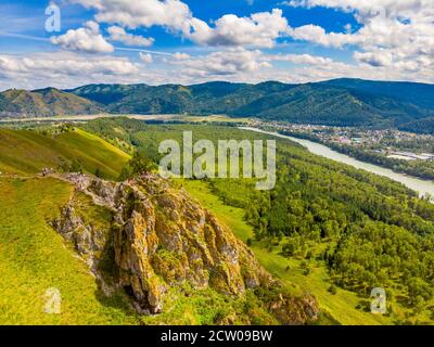 Blue Katun River Altai montagnes république Russie, vue aérienne du dessus Banque D'Images