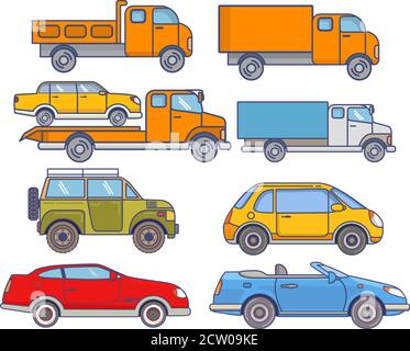 Voitures minifourgonnette, taxi, camion de remorquage, vus, coupé, cabriolet, véhicule défini à plat icône vecteur. Illustration de Vecteur