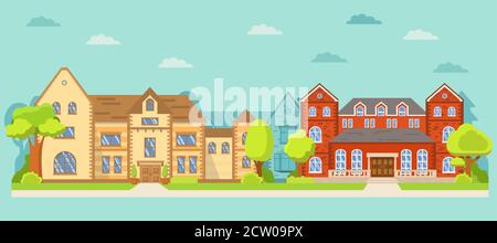 Rangée de maisons différentes la rue. Serrure classique suburbain maison américaine. Illustration de Vecteur