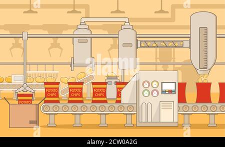 Croustilles transporteuses. Vecteur plat. Usine industrielle. Illustration de Vecteur