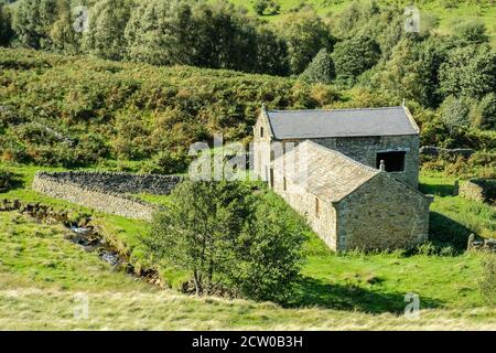 Vue sur la Barn Blackden abandonnée au pied de Blackden Brook, dans la région de High Peak, dans le Derbyshire Banque D'Images