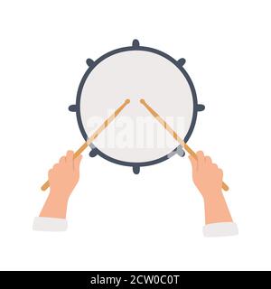 Tambour tiré à la main et mains tenant des pilons. Vue de dessus. Illustration vectorielle de style plat et dessin animé Illustration de Vecteur
