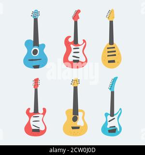 Jeu de guitares acoustiques et électriques sur fond clair. Des instruments de musique à cordes sur un joli dessin animé plat. Illustration de Vecteur