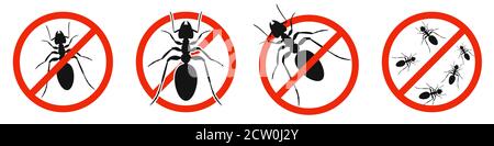 Les fourmis avec le signe d'interdiction rouge. PANNEAU STOP ants isolé. Ensemble d'icônes Kill ants. Illustration vectorielle. Illustration de Vecteur