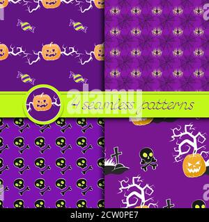 Ensemble vectoriel de quatre motifs sans couture pour Halloween, en violet, noir et orange. Illustration de Vecteur