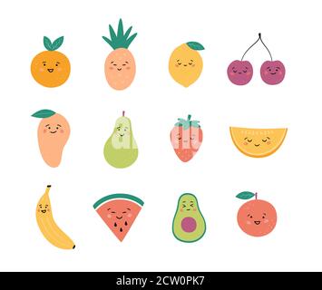 Fruits et baies amusants. Définissez les personnages de fruit kawaii. Vecteur tracé à la main Illustration de Vecteur