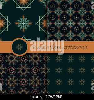 Ensemble vectoriel de motifs décoratifs sans couture. Collection de motifs de couleurs orange et vert foncé. Illustration de Vecteur