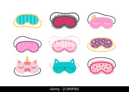 Ensemble de masques de sommeil pour les yeux. Accessoires de nuit pour un sommeil sain, des voyages et des loisirs. Illustration de Vecteur