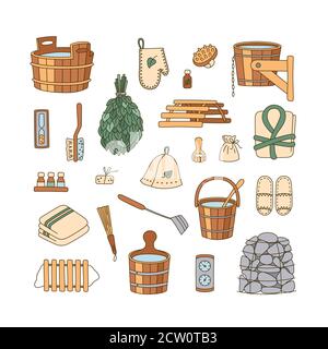 Accessoires de sauna - lave-linge, balai, baignoire, seau, serviette et autre. Accessoires de bain en bois. Illustration de Vecteur