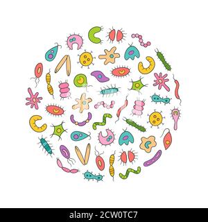 Microbes, virus, bactérias et icônes pathogènes ensemble coloré. Collection de germes vectoriels abstraits Illustration de Vecteur