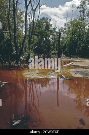 'Historique des années 1970 photo : Après l'extraction sur bande, un charbon finement pulvérisé ou « une effervescence » est laissé sur la terre dépouillée. L'eau qui s'écoule du lisier et de l'exploitation minière elle-même peut produire des effets colorés mais souvent mortels sur la flore dans son chemin comme dans cette scène près d'une mine à St. David dans le comté de Fulton vers. Avril 1973' Banque D'Images