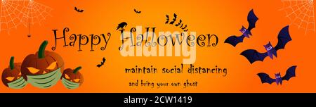 Affiche « Happy Halloween » pour les invitations et bannières de fête. Les illustrations montrent des laterns de citrouille et des chauves-souris portant un masque pour illustrer l'importance de HEAL Illustration de Vecteur
