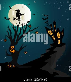 Arbre d'Halloween effrayant avec la sorcière volant sur le balai à son illustration de vecteur de maison pour des bannières, des invitations de fête et des cartes de voeux. Illustration de Vecteur
