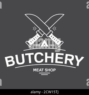 Magasin de viande de Butcher d'emblème. Les couteaux du chef sont croisés. Illustration de Vecteur