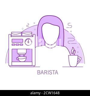 Barista girl présente un personnage de dessin animé avec une cafetière et une tasse de café en papier. Illustration de Vecteur