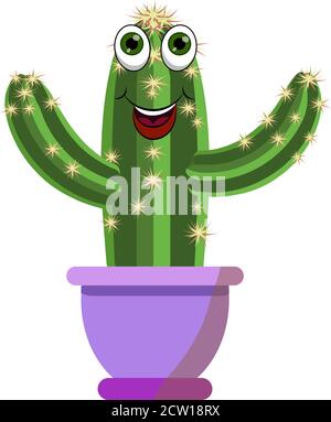 Fanny dessin animé vert cactus illustration de vecteur de plante avec les yeux et sourire caricature bouche dans un pot de fleur violette. Cactus avec ses branches sur les côtés Illustration de Vecteur