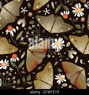 Dessin à la main, papillon et fleurs de camomille sauvages. Motif vectoriel sans coutures, motif fleuri automnal dans un style plat. Illustration de Vecteur